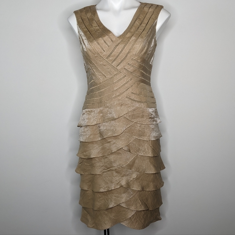 Adrianna Papell tan shimmer layered dress 6